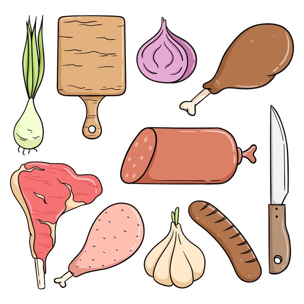 Linda colección de carne con estilo Doodle