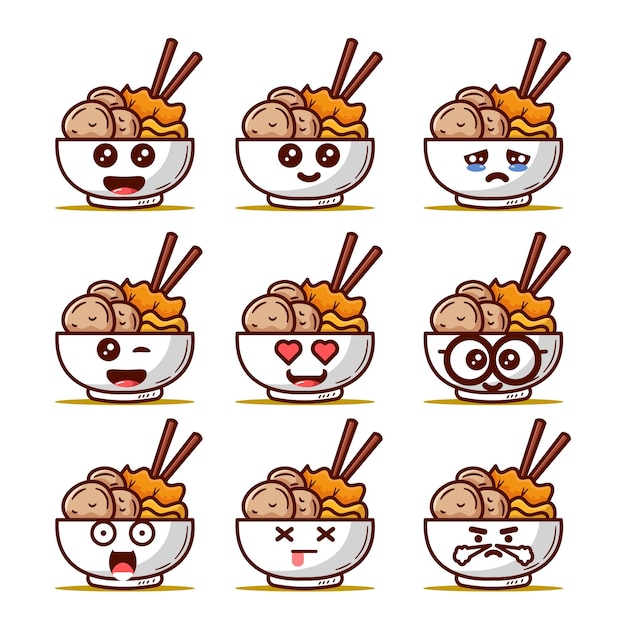 Linda colección de emoticonos de ilustración de comida indonesia Bakso