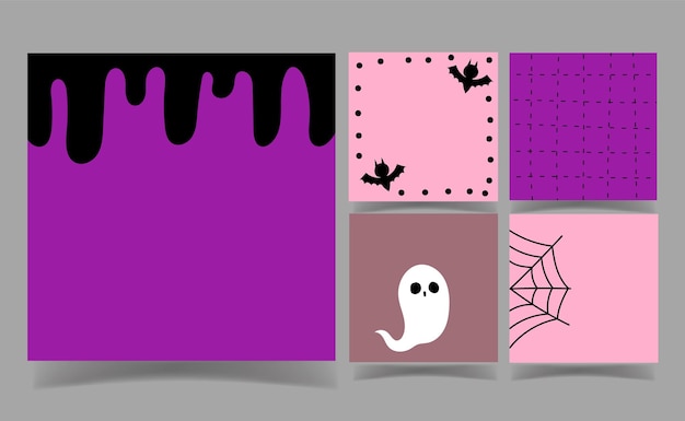 Vector linda colección de fondo de color negro y morado de fantasmas y arañas de halloween. plantilla de nota