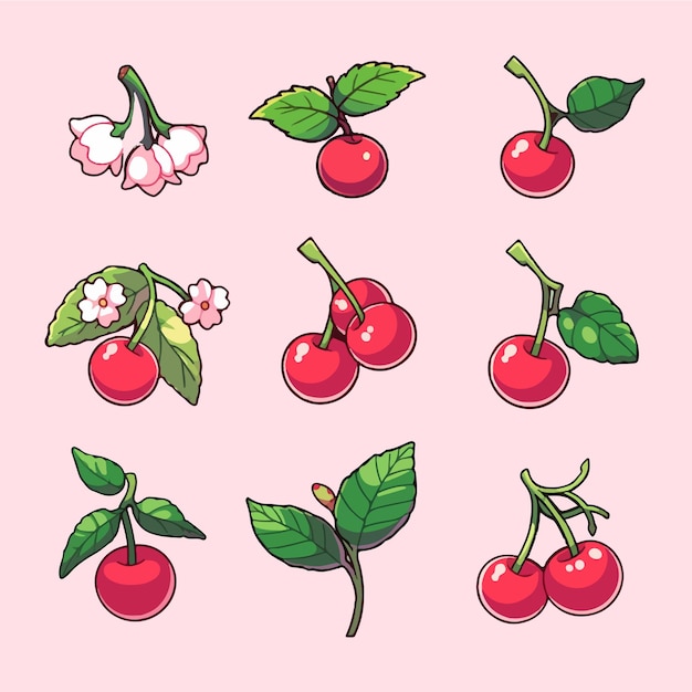 Linda colección de frutas de cereza de estilo de dibujos animados kawaii