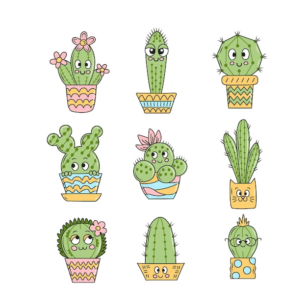 Linda colección de garabatos de cactus kawaii