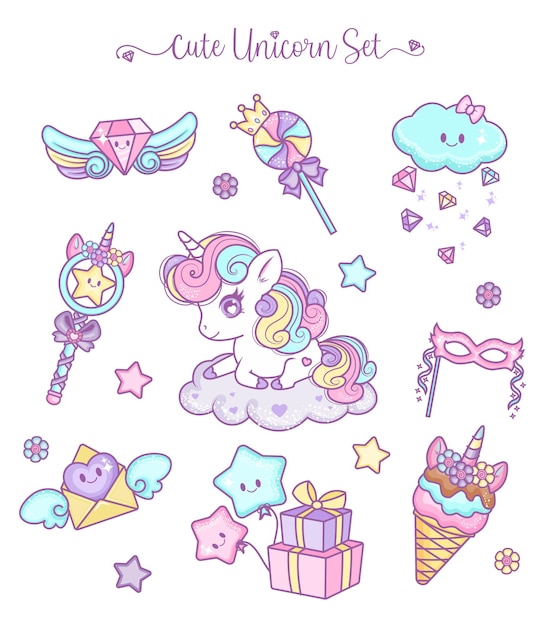 Vector linda colección de iconos kawaii unicornio