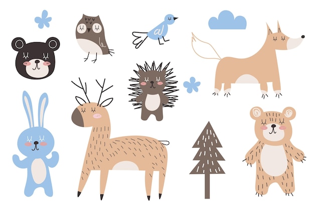 Linda colección de imágenes prediseñadas de animales salvajes aislada en blanco Ilustración vectorial dibujada a mano Conjunto de elementos de Woodland Diseño plano de estilo escandinavo Concepto para niños tarjeta de póster de impresión textil EPS
