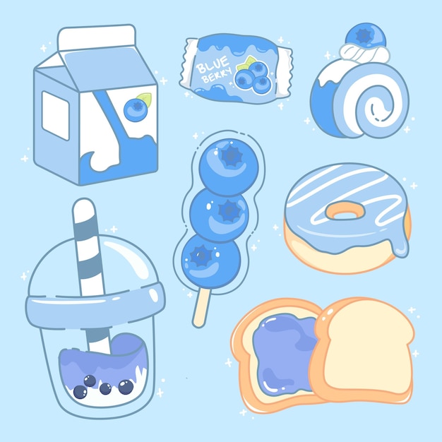 Linda colección de objetos de comida kawaii de postre de arándanos
