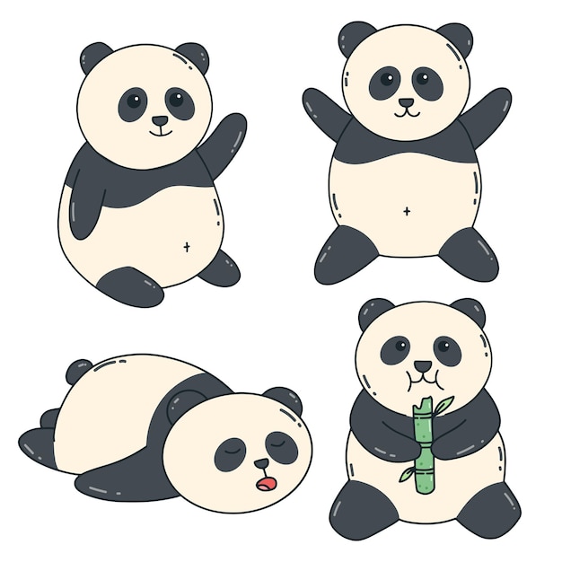 Linda colección de osos panda con estilo de garabato panda kawaii con varias expresiones y posiciones