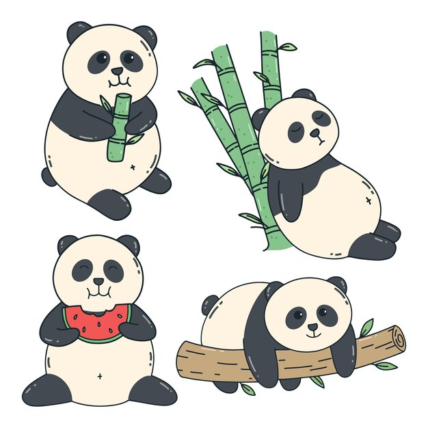 Linda colección de osos panda con estilo de garabato panda kawaii con varias expresiones y posiciones