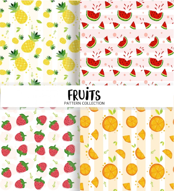 Vector linda colección de patrones sin fisuras de frutas de verano, fresa, naranja, sandía, piña