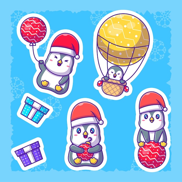 Linda colección de pegatinas navideñas de pingüinos de dibujos animados