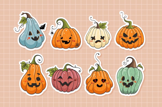 Linda colección de pegatinas de personajes de dibujos animados de calabazas de halloween en estilo dibujado a mano