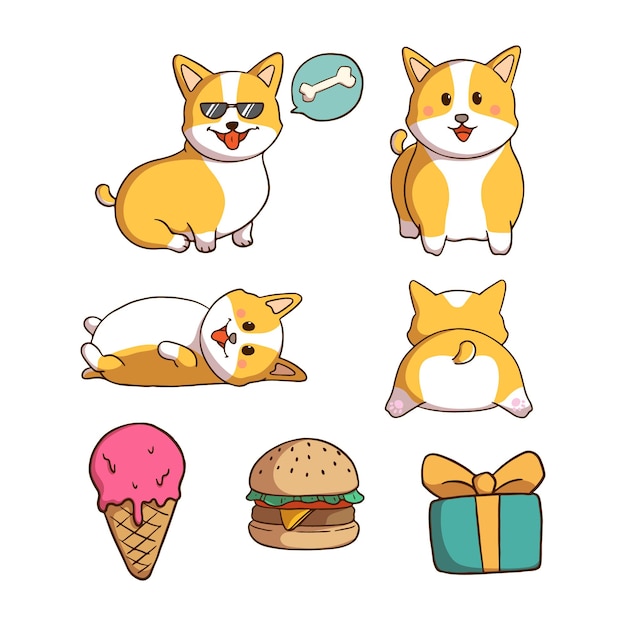 Vector linda colección de perros corgi con estilo doodle