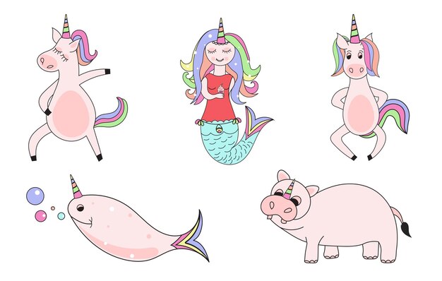 Linda colección de personajes de unicornio para invitaciones e imprimibles de felicitación de fiesta de cumpleaños para niños
