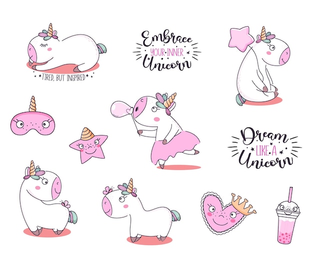 Linda colección de unicornios mágicos de dibujos animados.