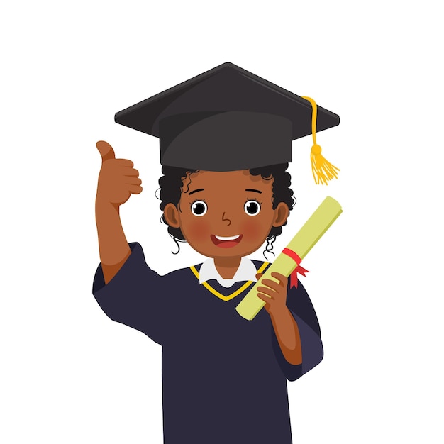 linda colegiala africana con sombrero de graduación y vestido con certificado de diploma que muestra el pulgar