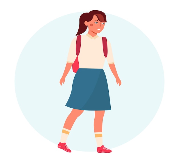 Linda colegiala va a la escuela chica con mochila quiere ir a la escuela ilustración vectorial