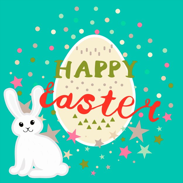Linda y colorida postal de Pascua Feliz con conejo, letras, huevo, estrellas, puntos, triángulos en un círculo