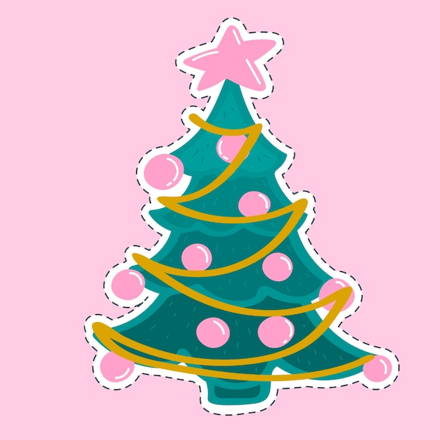 Linda y colorida tarjeta de felicitación con pegatina para Feliz Año Nuevo con árbol de Navidad, estrella, juguetes, guirnaldas
