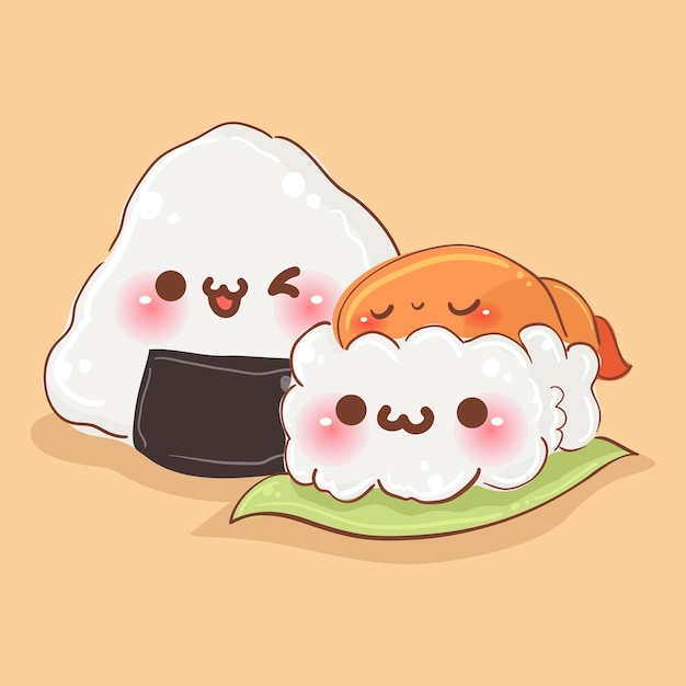 Vector linda comida asiática sushi japonés y arroz con bolas onigiri