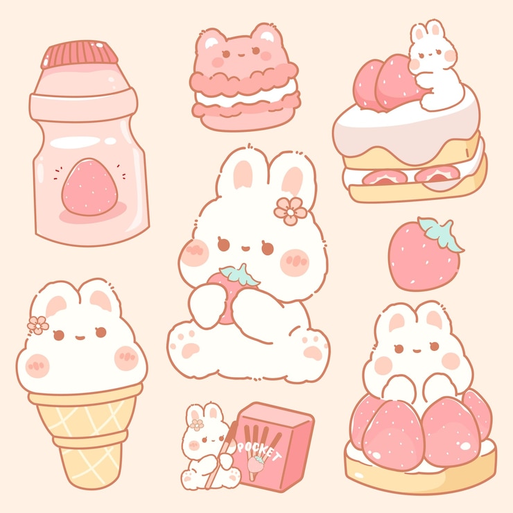 Vector linda comida kawaii de postre de fresa con lindos elementos de conejo rosa