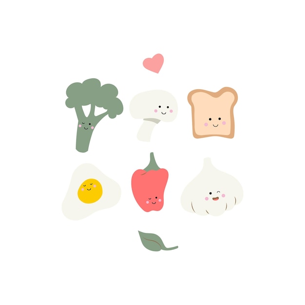 Linda comida tostada huevo ajo y brócoli Simple set de pegatinas kawaii