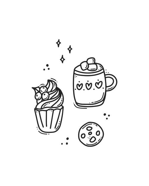 Linda composición minimalista de la tarjeta de felicitación navideña con dulces, galletas, bebidas calientes y decoraciones. Contorno negro, doodle, ilustración de invierno. Arte lineal.