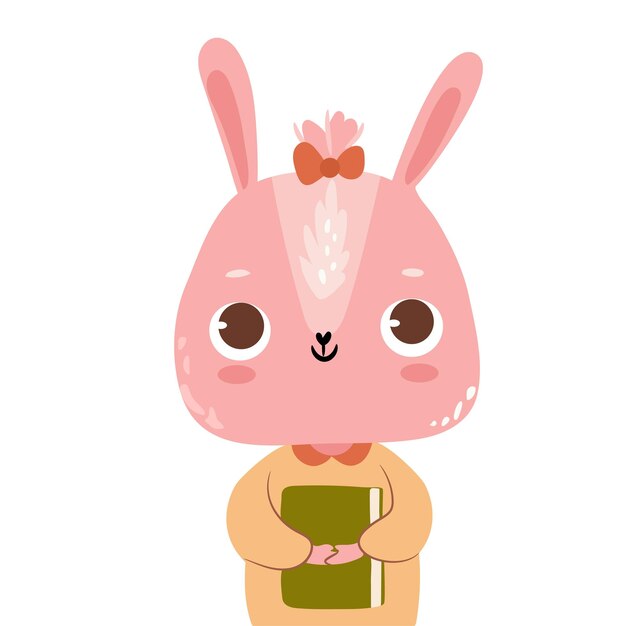 Linda conejita con un libro Bebé animal del bosque en ropa casual