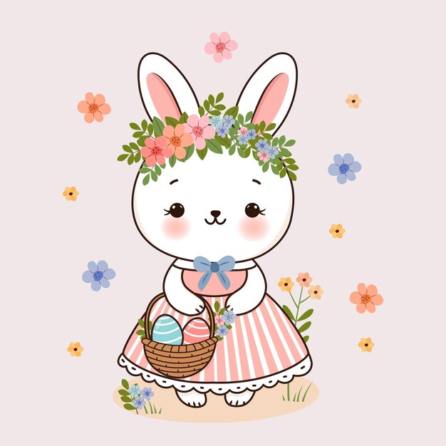 Una linda conejita de Pascua en una corona de flores con huevos de Pascua Un conejo dibujado a mano Ilustración vectorial