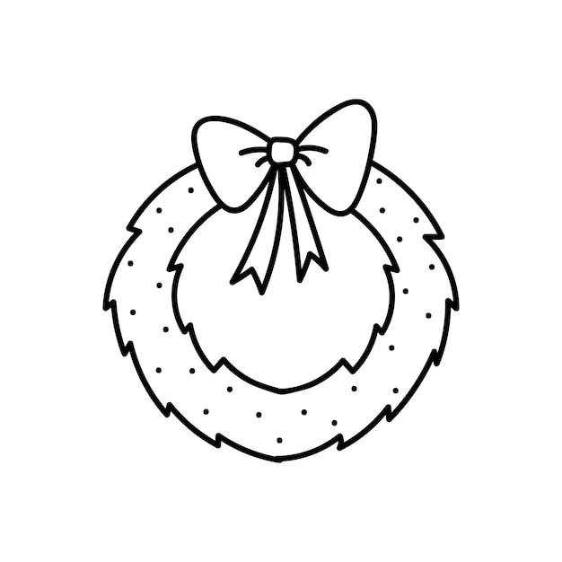 Linda corona de Navidad decorada con un lazo aislado en la ilustración de garabatos dibujados a mano blanca