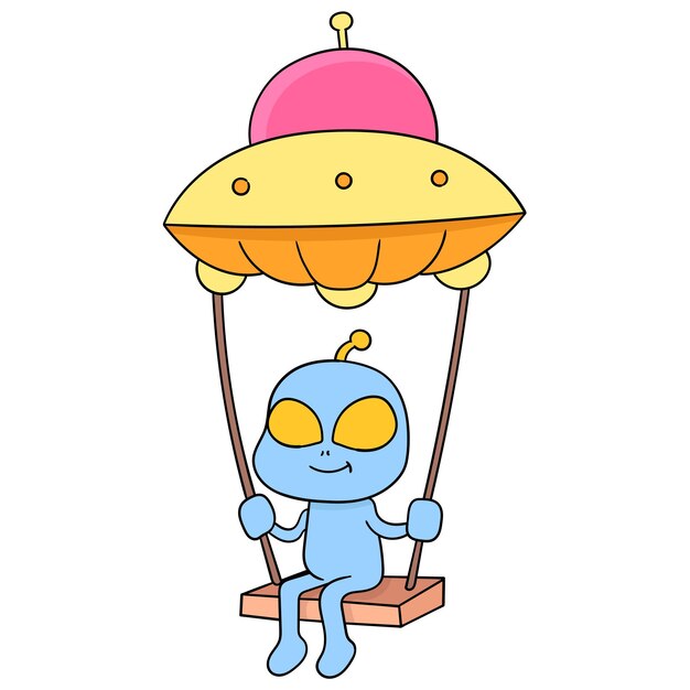 Linda criatura alienígena está jugando swing volando con ovni, arte de ilustración vectorial. imagen de icono de doodle kawaii.