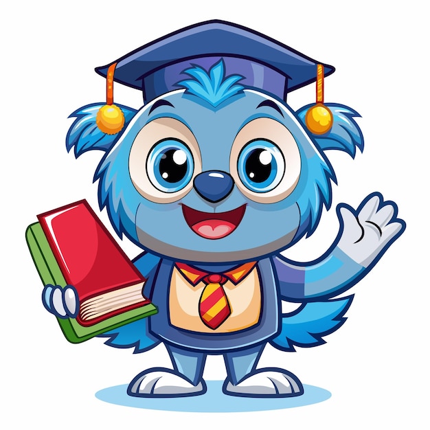 Una linda criatura azul de dibujos animados con una gorra de graduación y sosteniendo un libro saludando