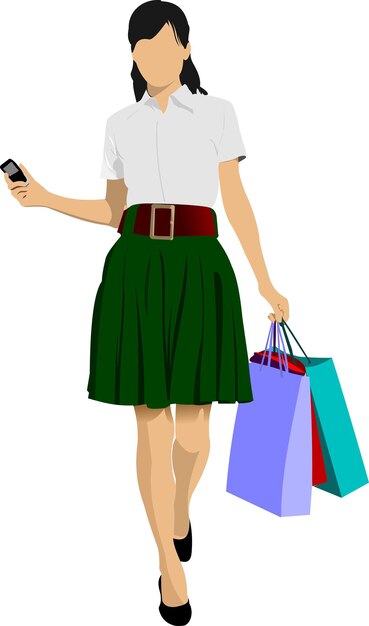 Vector linda dama de compras con bolsas vector ilustración coloreada