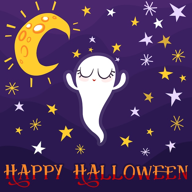 Vector linda danza de fantasmas con luna y estrellas tarjeta de felicitación de halloween