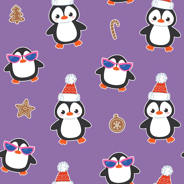 Vector linda decoración navideña de patrones sin fisuras con pingüinos y pan de jengibre sobre un fondo morado