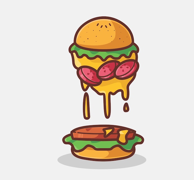 Linda deliciosa hamburguesa con queso derretido concepto de comida de dibujos animados Ilustración aislada Dibujos animados planos