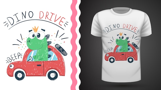 Vector linda dino con coche - idea para camiseta estampada