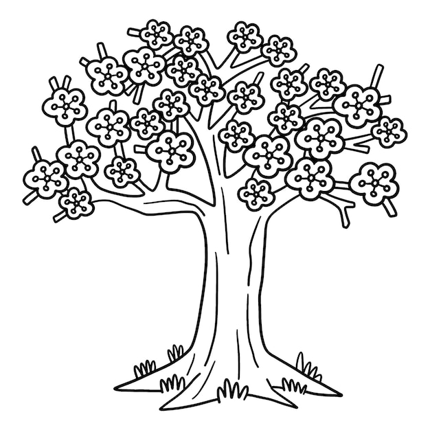 Vector una linda y divertida página para colorear de un árbol de sakura. proporciona horas de diversión coloreando para los niños. colorea, esta página es muy fácil. adecuado para niños pequeños y niños pequeños.