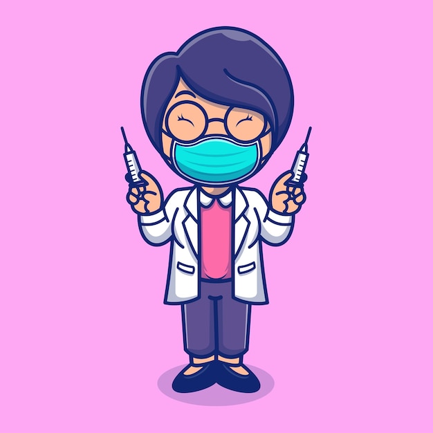 Linda doctora sosteniendo inyección Dibujos animados Vector Icono Ilustración Personas Atención médica aislada