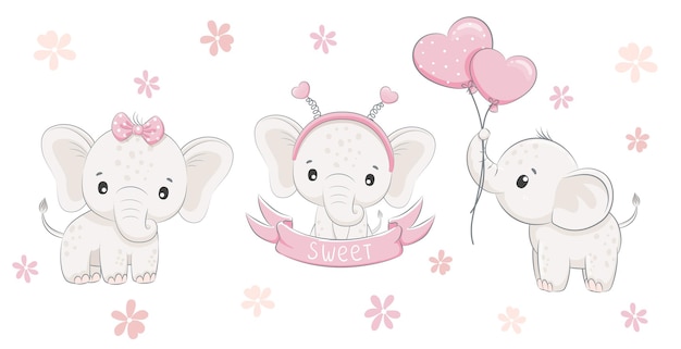 Vector linda y dulce niña elefante con globos. ilustración vectorial de una caricatura.