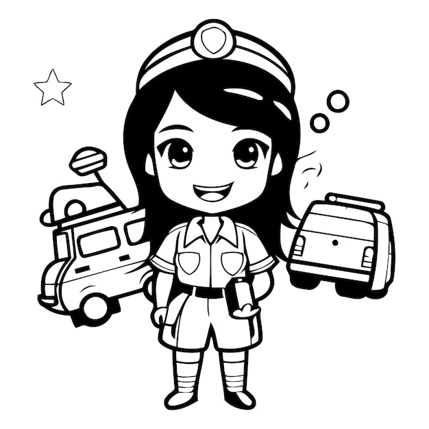 Vector linda enfermera de dibujos animados con uniforme médico y ambulancia ilustración vectorial