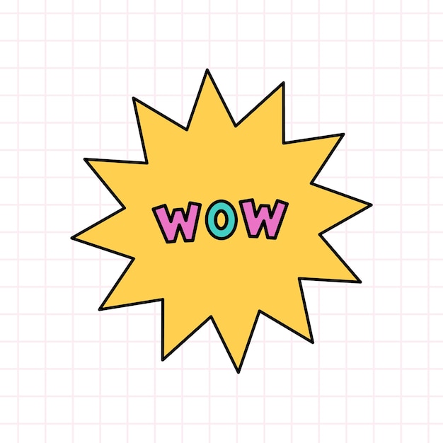 Linda estrella con el texto Wow al estilo de la ilustración de garabatos dibujados a mano de los años 90