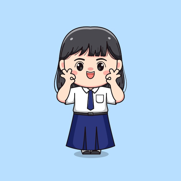 linda estudiante de secundaria con signo ok chibi kawaii