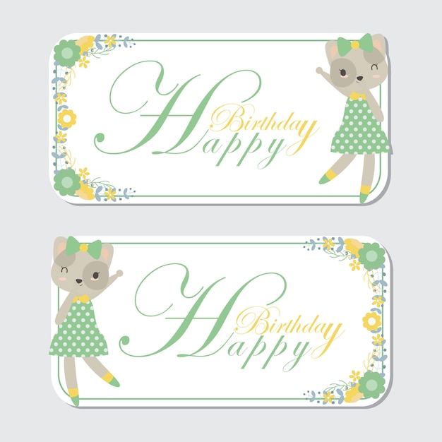 Linda etiqueta de cumpleaños de dibujos animados de borde de gato y flor