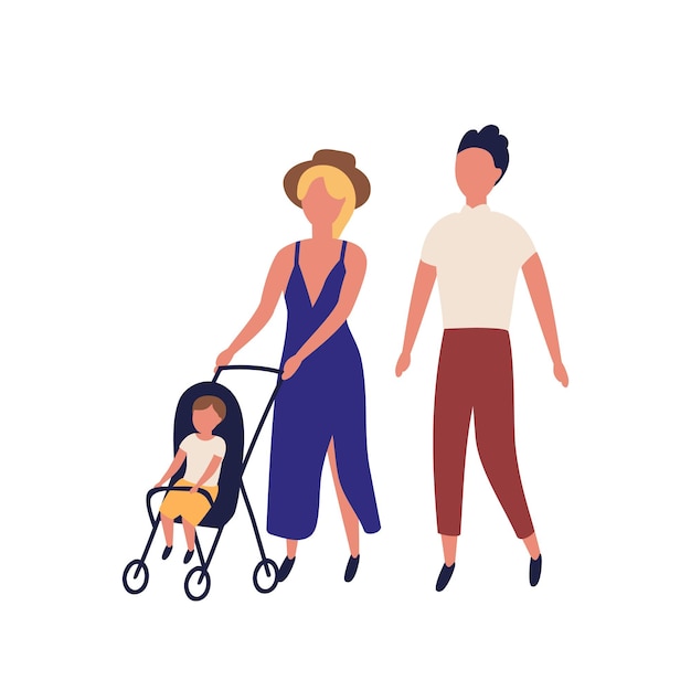 Linda familia caminando juntos. Adorable madre, padre y bebé en cochecito. Padres e hijos realizando actividades de ocio. Personajes de dibujos animados aislados sobre fondo blanco. Ilustración de vector plano.