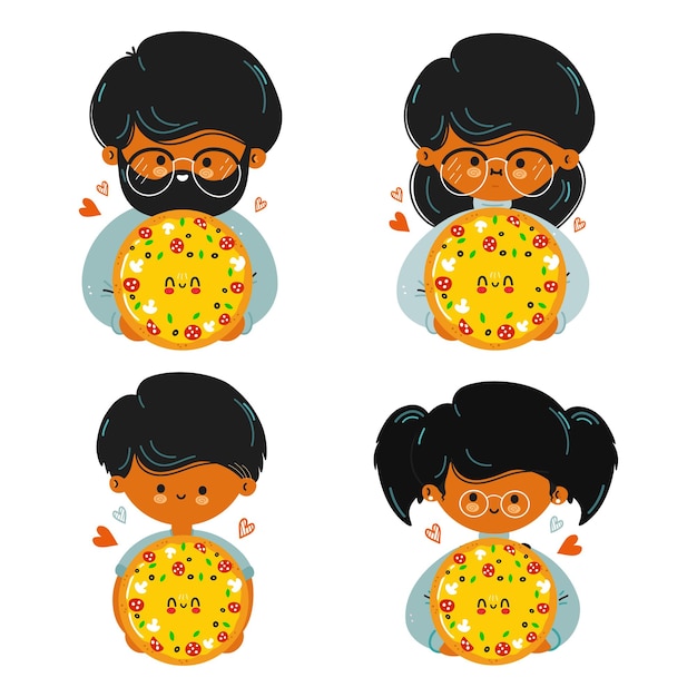 Linda familia divertida tiene pizza en la mano