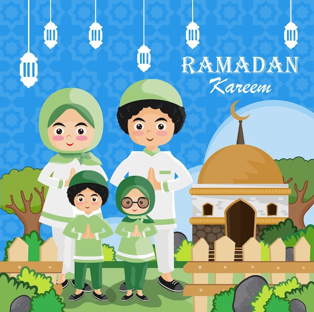 Linda familia musulmana saludo ilustración feliz ramadán kareem día concepto