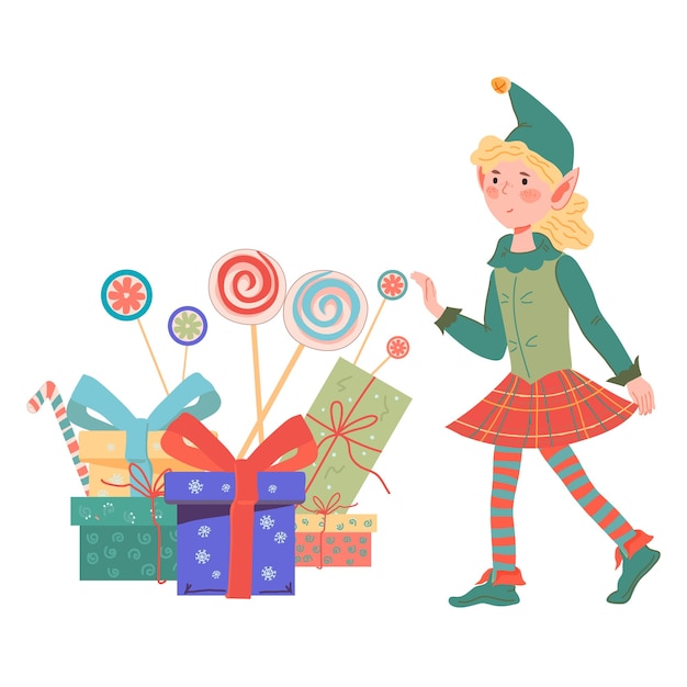 Linda y feliz chica elfo de navidad con cajas de regalo ilustración vectorial plana aislada