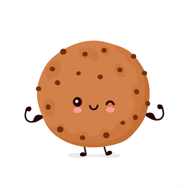 Linda feliz divertida galleta de chocolate muestran músculo. Diseño de ilustración de personaje de dibujos animados de vector. Aislado