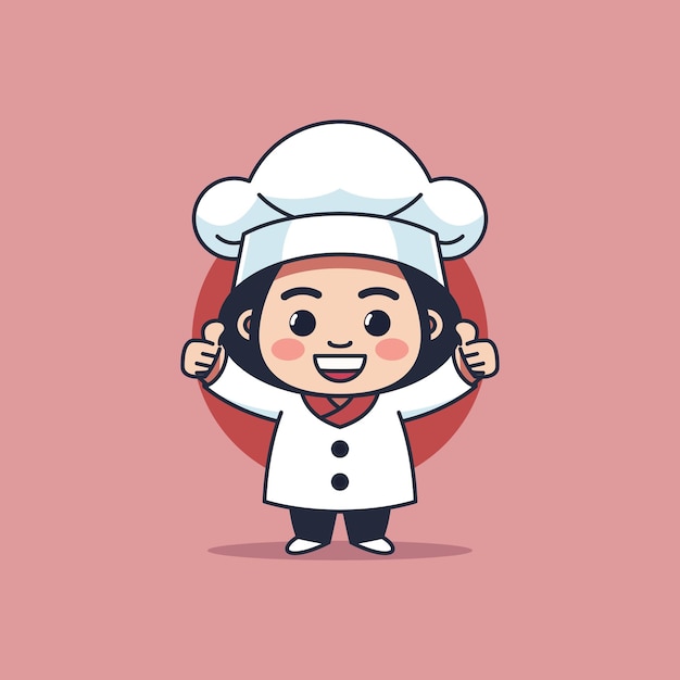 Linda y feliz mascota Chibi Chef Girl con gesto de pulgar hacia arriba ilustración vectorial simple