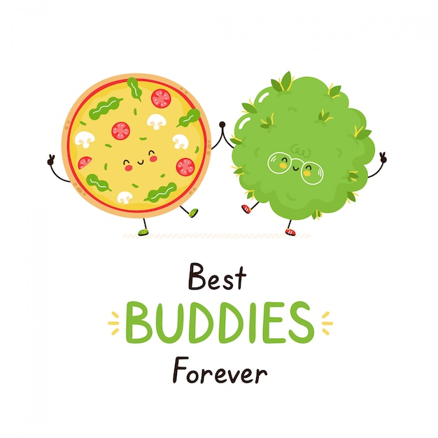 Linda feliz sonriente pizza y hierba brote amigos. Aislado en blanco Diseño de ilustración de personaje de dibujos animados de vector, estilo plano simple. La mejor tarjeta de amigos para siempre