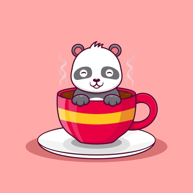 La linda fiebre del panda en el café Ilustración de icono vectorial de dibujos animados