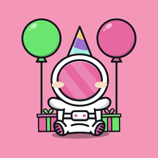 Linda fiesta de cumpleaños de astronauta con ilustración de dibujos animados de regalo y globo